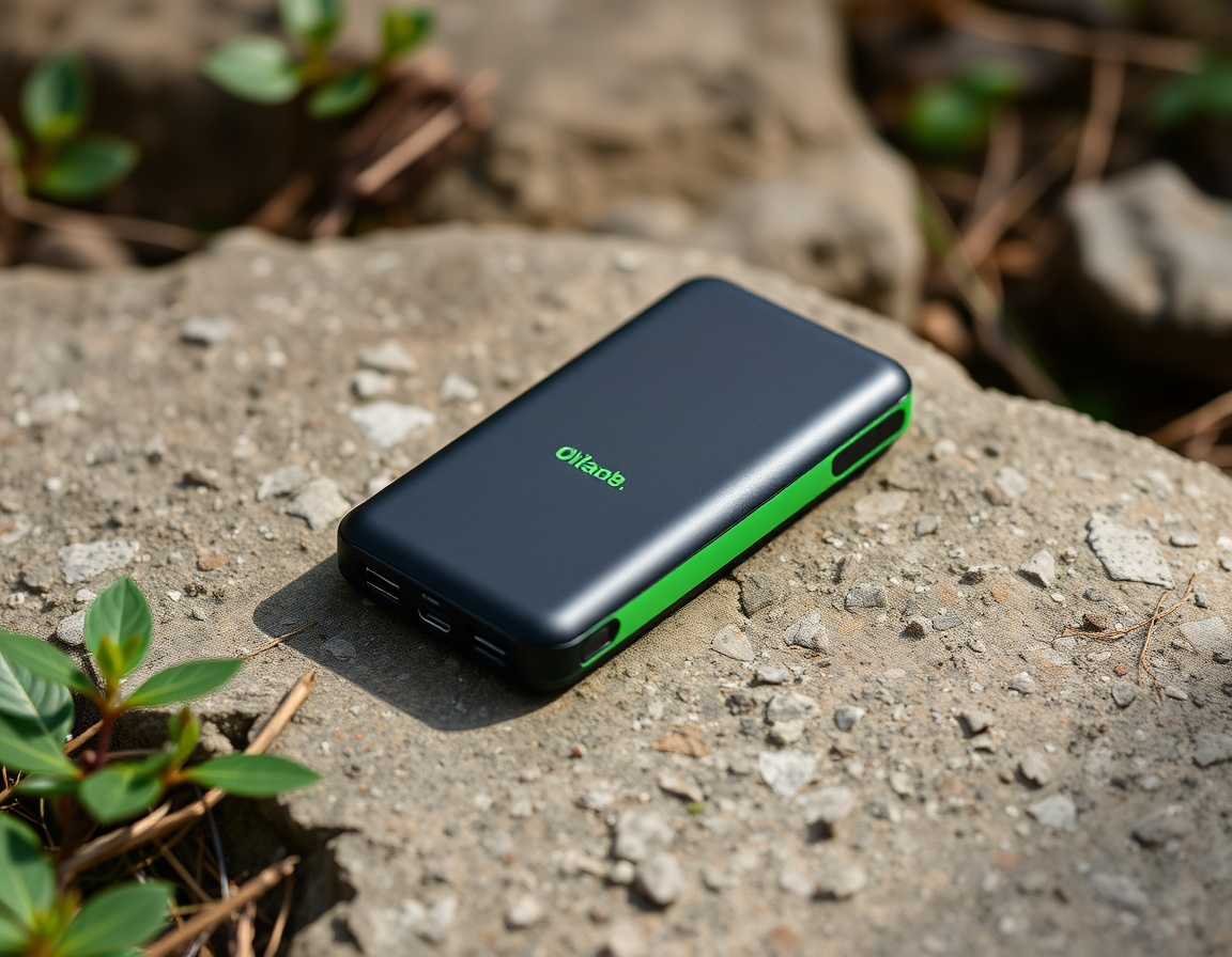 MiniCharge Powerbank Nahaufnahmer einer Powerbank auf einem sandingen Untergrund