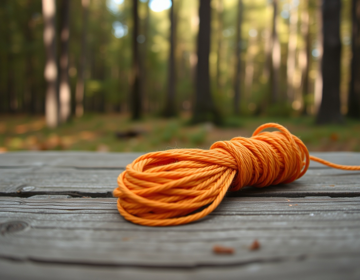 Eine orange Wäscheleine liegt auf einem Holztisch im Wald