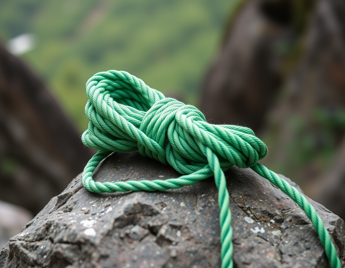 ClimbStrong Kletterseil (20 m) Ein Knäuel grünes Seil auf einem Stein
