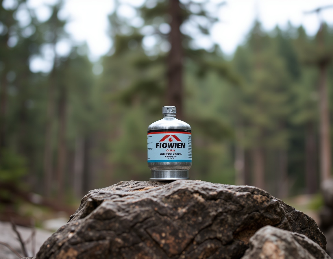 Eine Gaskartusche steht auf einem Stein im Wald, umgeben von Bäumen und natürlicher Vegetation.