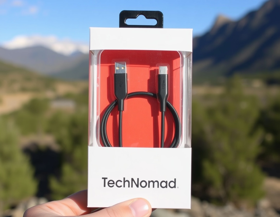 TechNomad-USB-C-Kabel Eine Hand hält die Verpackung des TechNomad-USB-C-Kabels hoch, im Hintergrund sind unscharf Berge und Wälder