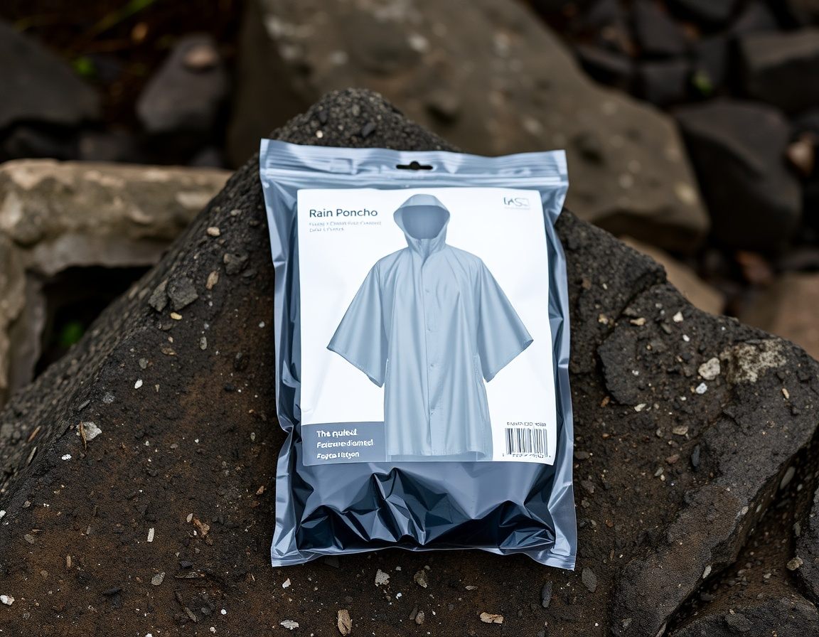WeatherGuard Regenponcho Verpackung eines Regenponchos auf einem Stein