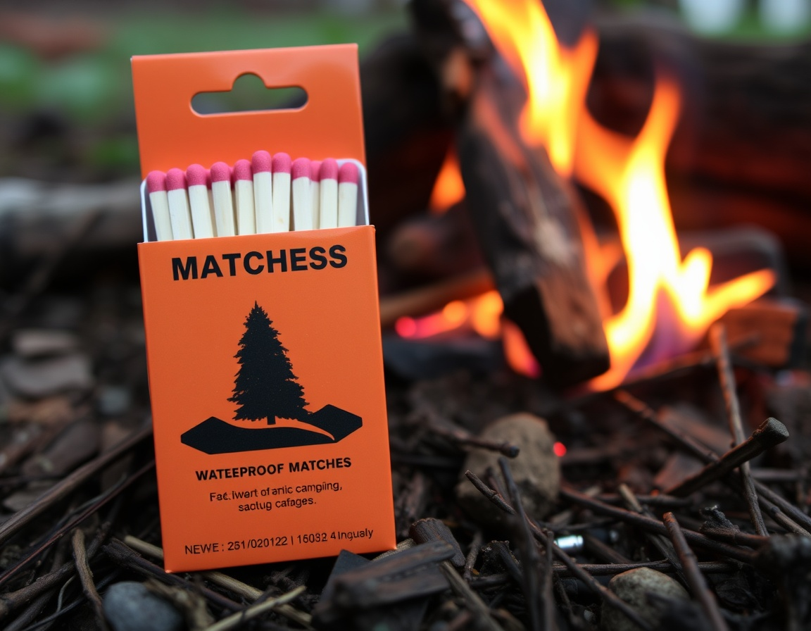 EcoFire Wasserdichte Streichhölzer Nahaufnahme Streichhölzer in einer Packung vor einem Feuer