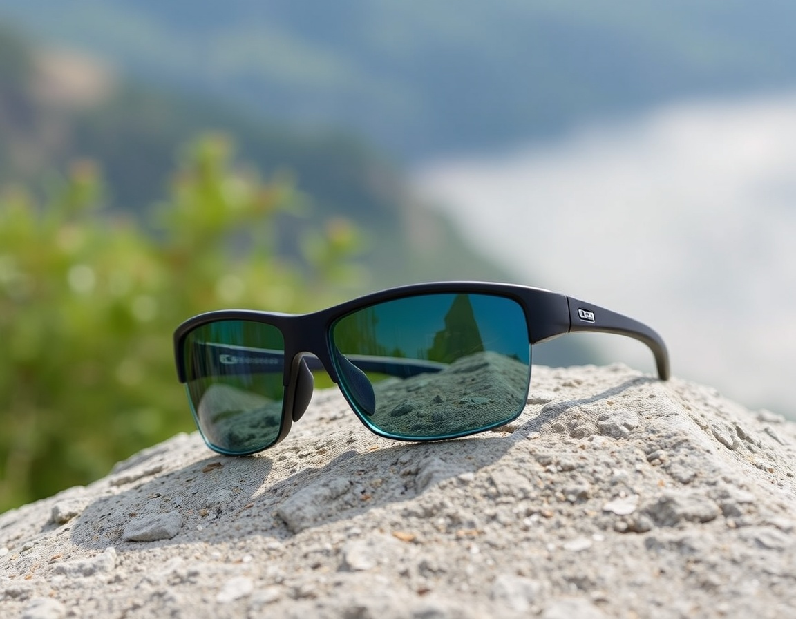 VisionGuard UV-Schutzbrille Nahaufnahme einer schwarzen Sonnebrille auf einem Stein in der Sonne