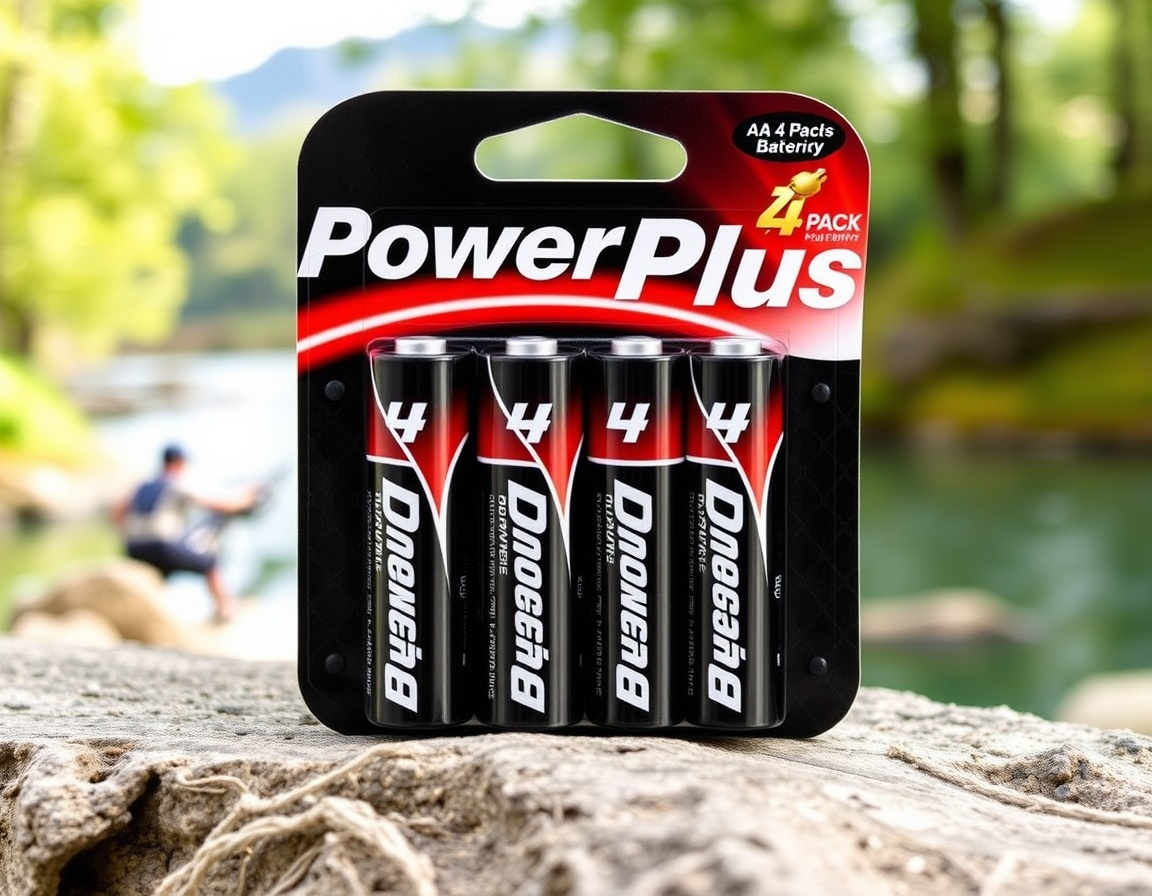 PowerPlus AA-Batterien (4er Pack) Nahaufnahme einer Pakung Batteriens vor einem See