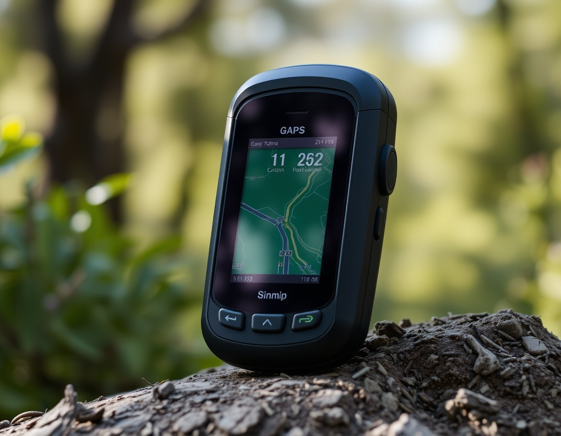TrailNavigator GPS – Zuverlässige Navigation für Outdoor-Abenteuer Nahaufnahme eines Naivgationsgerätes auf einem Baumstamm