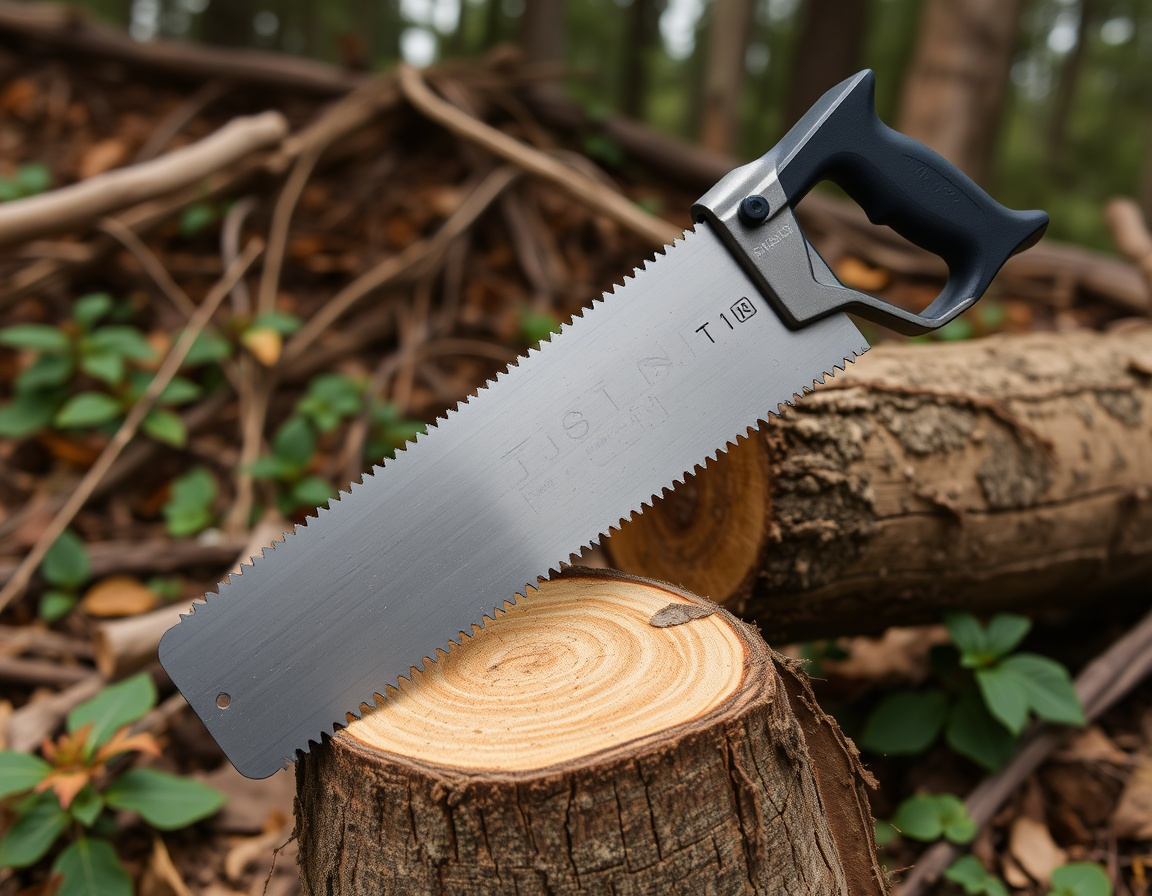CampSaw – Leichte & robuste Klappsäge für Outdoor-Abenteuer Eine graue Handsäge steckt halb in einem Baumstamm