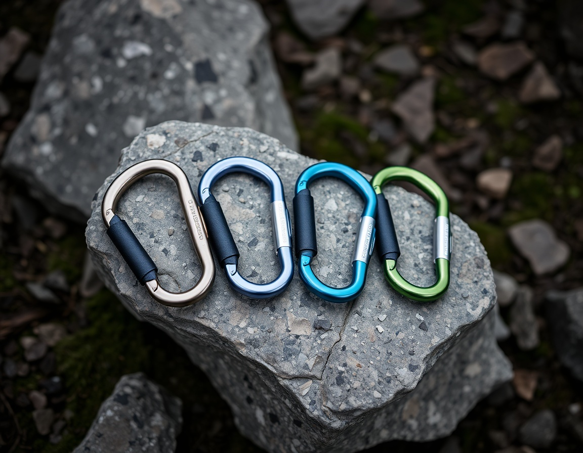 Nahaufnahme mehrerer bunter Karabiner auf einem Stein